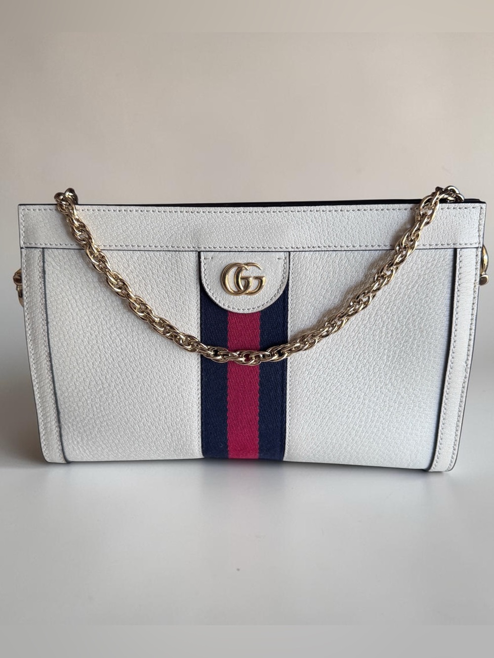 Gucci Ophidia Small Mystic White Leather Web Chain Shoulder Bag Entrupy COA